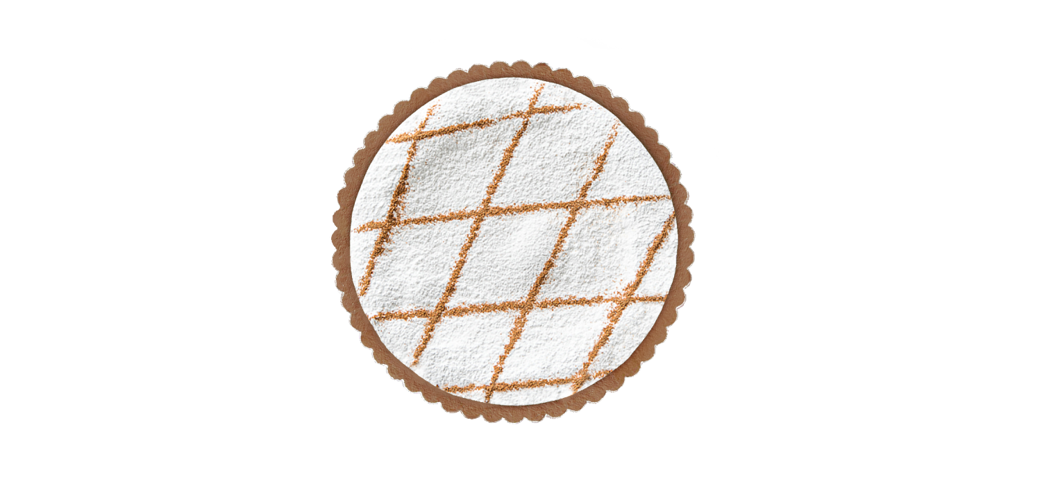 Ricotta cake dusted with powdered sugar, finished with a crisscross cinnamon pattern, shown from above.